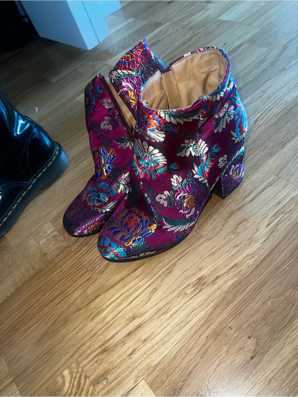 Floral Brocade Ankle Boots in Burgundy